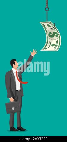 Businessman trying to get dollar on fishing hook. Stock Vector