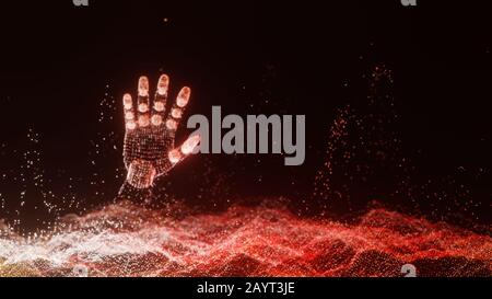 An abstract field of luminous dots and a luminous robot arm. The concept of new technologies. 3D rendering Stock Photo