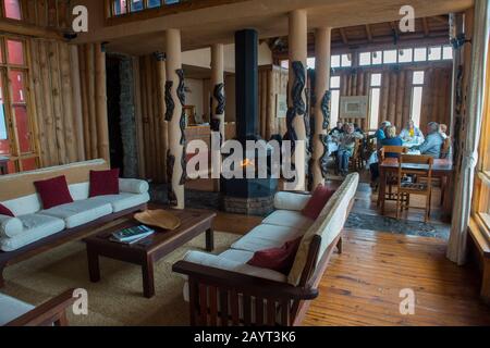 Interior of Chelinda Lodge on the Nyika Plateau, Nyika National Park in Malawi. Stock Photo