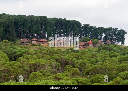 View of Chelinda Lodge on the Nyika Plateau, Nyika National Park in Malawi. Stock Photo