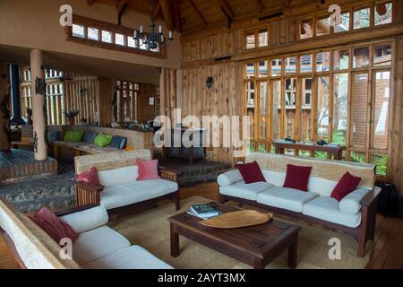 Interior of Chelinda Lodge on the Nyika Plateau, Nyika National Park in Malawi. Stock Photo