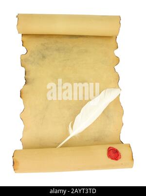 Old vintage paper scroll with red wax seal and feather quill pen isolated on a white background Stock Photo