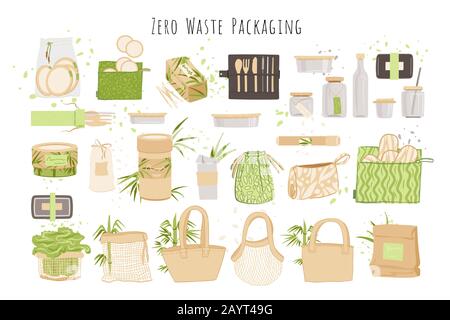 Organic Zero Waste Reusable packaging, paper boxes, Eco-friendly Natural Bamboo Cotton textile bag, washable lunch boxes and glass. Zero waste Stock Vector
