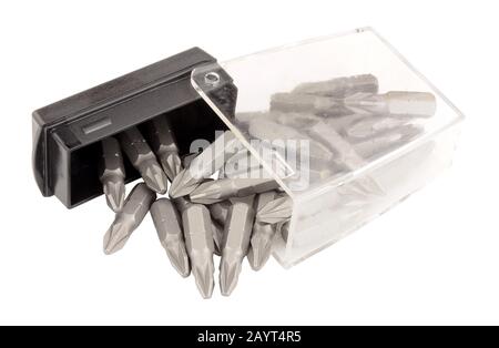 Open plastic box of screwdriver bits isolated on a white background Stock Photo