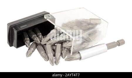 Open plastic box of screwdriver bits isolated on a white background Stock Photo