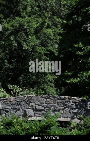 A small arched bluestone bridge against green trees and thick summer foliage on a sunny day in Central Park, New York City Stock Photo