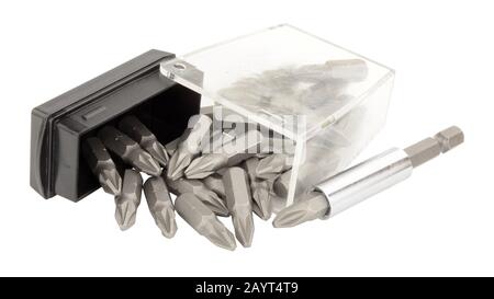 Open plastic box of screwdriver bits isolated on a white background Stock Photo