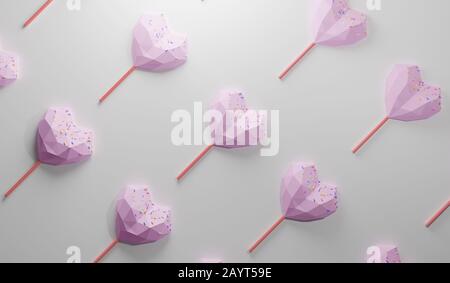 pink heart shape chocolate candy on the end of a stick like lollipop with colorful sprinkles topping. sweet food pattern on white background, 3d rende Stock Photo