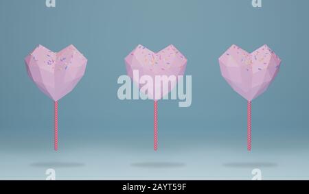pink heart shape chocolate candy on the end of a stick like lollipop with colorful sprinkles topping. sweet food pattern on blue background, 3d render Stock Photo