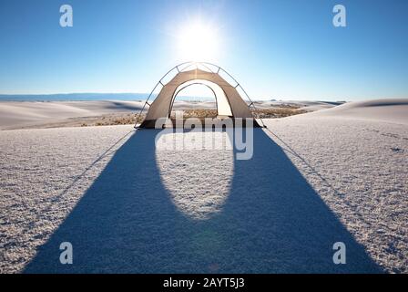 Tent in moonlight in White Sands Dunes, New Mexico,USA Stock Photo