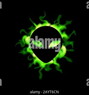 Alien icon in green neon fire. UFO sign vector illustration. Futuristic design. Stock Vector