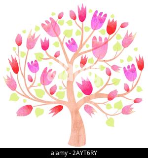 Spring tree with pink tulips on a white background. Easy gentle spring illustration. Stock Photo