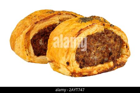 Pork and black pudding savoury sausage rolls isolated on a white background Stock Photo