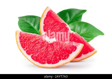 Grapefruit slice with leaves isolated on white background closeup Stock Photo