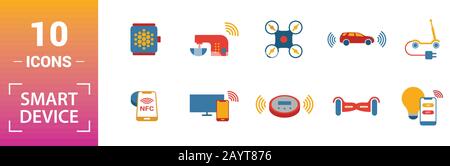 Smart Devices icon set. Include creative elements drone, smart car, smart house, solar battery roof, smart speaker icons. Can be used for report Stock Vector
