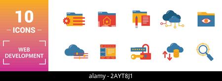 Web Development icon set. Include creative elements key search, seo, cloud storage, cloud management, network connection icons. Can be used for report Stock Vector
