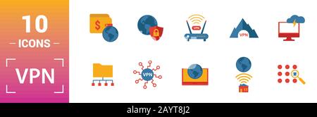 Vpn icon set. Include creative elements , archiving, site security, home server, cloud storage hacking icons. Can be used for report, presentation Stock Vector