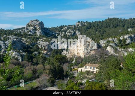 View of the limestone rock formations from Les Baux-de-Provence, a village in the Alpilles Mountains in the Provence-Alpes-Côte d'Azur region in south Stock Photo