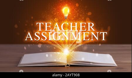 Teacher Book Inscription TEACHER ASSIGNMENT inscription coming out from an open book ...