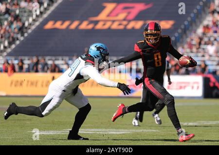 February 16, 2020: LA Wildcats quarterback Josh Johnson (8) fights off a tackle attempt by Dallas Renegades by Hau'oli Kikaha (44) in the game between Dallas Renegades and Los Angeles Wildcats, Dignity Health Sports Park, Carson, CA. Peter Joneleit/ CSM Stock Photo