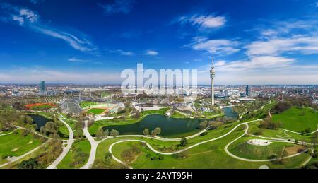 MUNICH, GERMANY - April 3th, 2019: The Olympiapark in Munich, Germany, is an Olympic Park which was constructed for the 1972 Summer Olympics and is Stock Photo