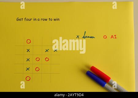 Yellow paper with 5x5 tic tac toe game competition, human vs AI, who will win, artificial intelligence concept Stock Photo