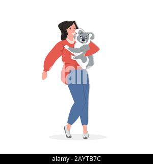 woman holding koala save koalas from fires pray for australia help of volunteers donations bushfire natural disaster concept full length vector illustration Stock Vector