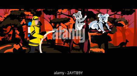 firefighter extinguishing dangerous wildfire in australia fireman saving koalas bushfire natural disaster concept intense orange flames horizontal vector illustration Stock Vector