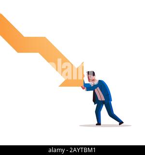 stressed businessman stopping economic arrow falling down financial ...