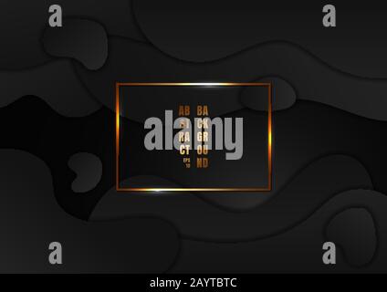 Abstract dynamic black wavy, fluid shape on dark background with golden rectangle frame. Vector illustration Stock Vector