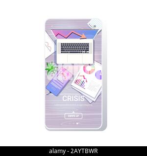 downward charts graphs diagrams economic arrow falling down financial crisis bankruptcy investment risk concept workplace desk top angle view smartphone screen mobile app copy space vector illustration Stock Vector