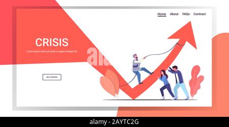 businesspeople team pushing arrow graph up growth financial crisis teamwork investment risk concept business people controlling red chart moving upward full length horizontal copy space vector illustration Stock Vector