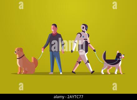 robotic character and man walking with dogs robot vs human standing together with pets artificial intelligence technology concept flat full length horizontal vector illustration Stock Vector