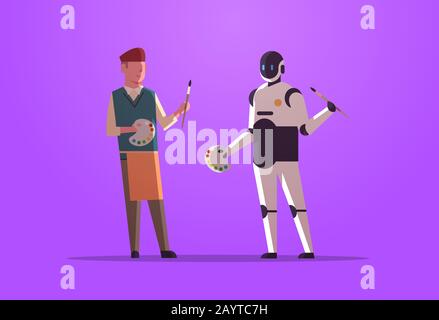robot and human painters holding paintbrush and palette robotic character vs man standing together artificial intelligence technology concept flat full length horizontal vector illustration Stock Vector