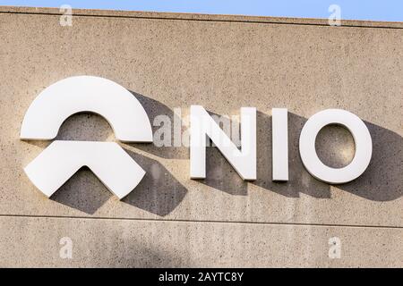 Jan 31, 2020 San Jose / CA / USA - NIO sign at their headquarters in Silicon Valley; Nio is a Chinese automobile manufacturer specializing in designin Stock Photo