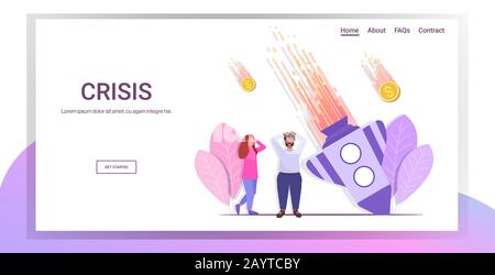 sad businesspeople standing near fallen rocket startup failure crash project financial crisis bankruptcy business falling concept horizontal copy space vector illustration Stock Vector