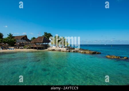 View of a restaurant at Cozumel Chankanaab National Park on Cozumel Island near Cancun in the state of Quintana Roo, Yucatan Peninsula, Mexico. Stock Photo