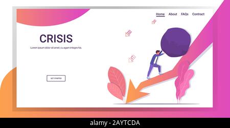stressed businessman pushing up big debt stone economic arrow falling down financial crisis bankruptcy investment risk concept full length horizontal copy space vector illustration Stock Vector