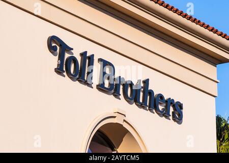 Feb 12, 2020 Santa Clara / CA / USA - Toll Brothers sign at their sale offices in Silicon Valley; Toll Brothers is a home construction company that sp Stock Photo