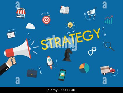 Hand holding megaphone with strategy word and icons. Business conceptual vector illustration Stock Vector