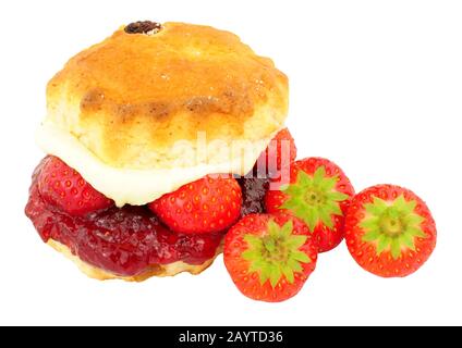 Fresh Strawberry and clotted cream scones with strawberry jam isolated on a white background Stock Photo