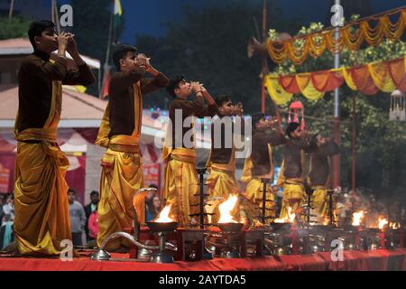 The image of Ganga Aarti at Ghats or holy steps of Varanasi, Ganges, Uttar Pradesh, India, Asia Stock Photo