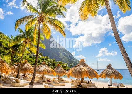 Caribbean beach with palms and straw umrellas on the shore with Gros Piton mountain in the background, Sugar beach, Saint  Lucia Stock Photo