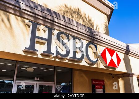Feb 14, 2020 Milpitas / CA / USA - HSBC Bank branch in South San Francisco Bay Area; HSBC Bank USA is an American subsidiary of UK-based HSBC Holdings Stock Photo
