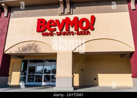 Feb 14, 2020 Milpitas / CA / USA - BevMo! store entrance in San Francisco Bay Area; BevMo! is a privately held corporation based in Concord, Californi Stock Photo