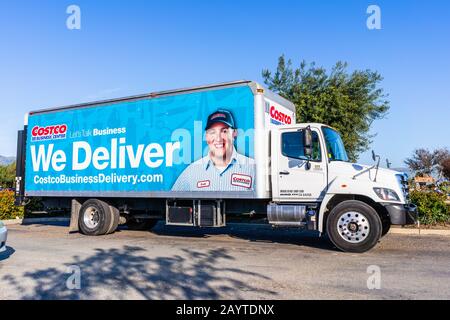 Feb 14, 2020 Milpitas / CA / USA - Side view of Costco delivery truck; Costco Wholesale Corporation is an American multinational corporation which ope Stock Photo