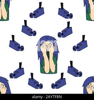 woman hides her face with hands from surveillance cameras. cctv. vector stock seamless pattern Stock Vector