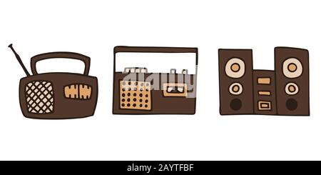 set of retro cartoon doodle radio and music system drawing over white background. isolated stock vector illustration Stock Vector