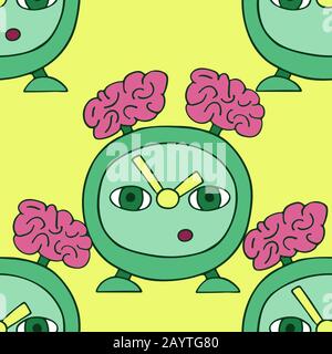 green old alarm clock with brains on the head instead of a bell. smart watch. stock seamless pattern Stock Vector