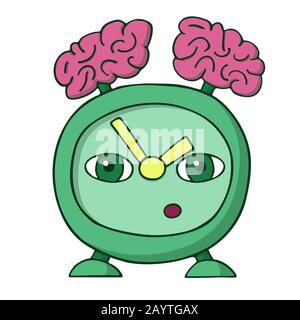 green old alarm clock with brains on the head instead of a bell. smart watch. white background cartoon isolated stock vector illustration Stock Vector